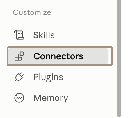 Claudes inställningsmeny med Connectors markerat under Customize