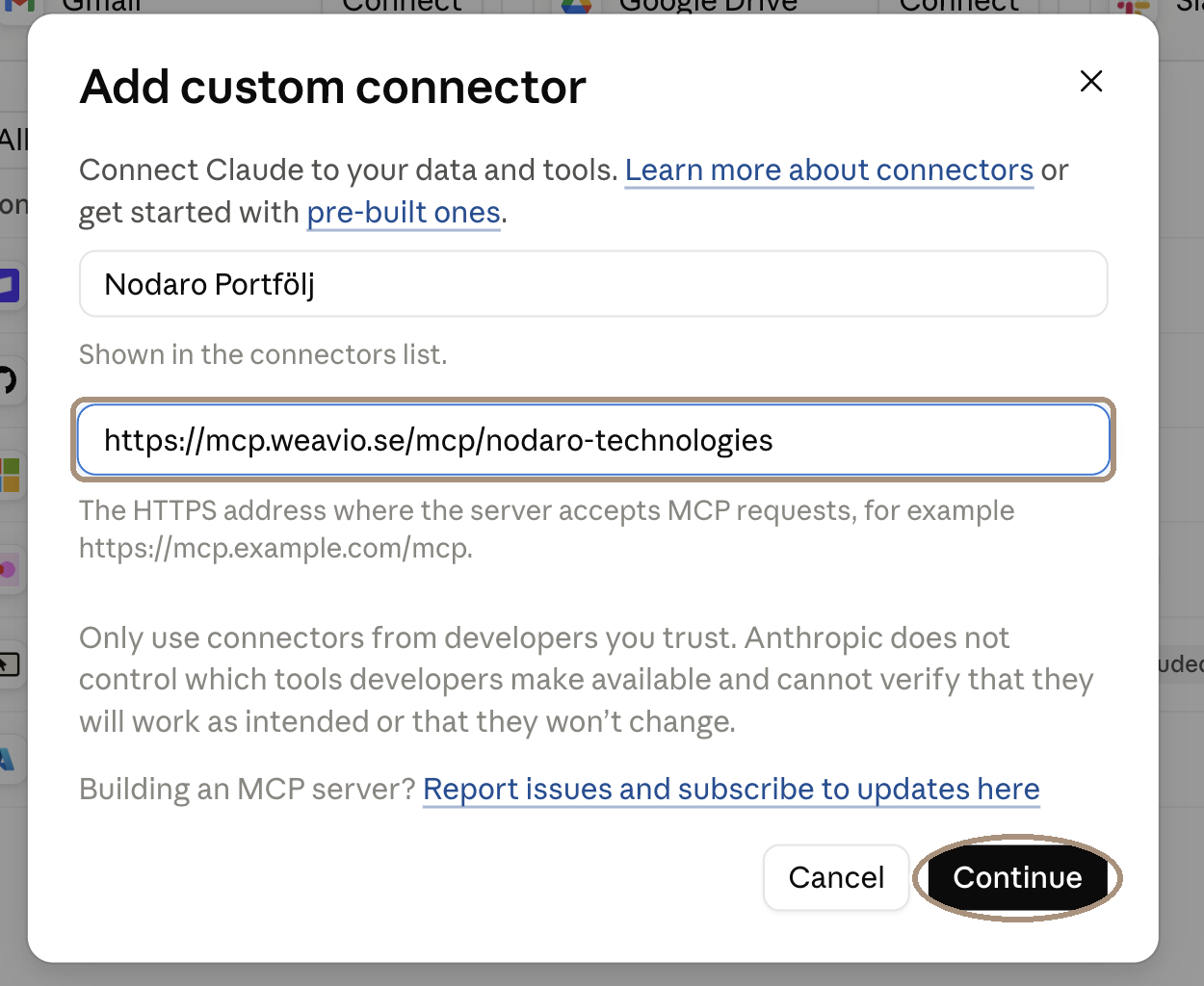 Dialogen Add custom connector med namn och MCP-adress ifyllda