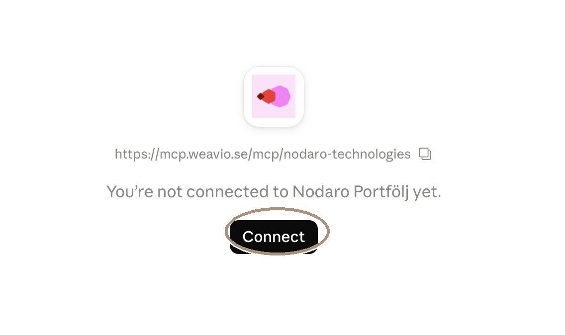 Kopplingen i Claude med texten You're not connected yet och knappen Connect
