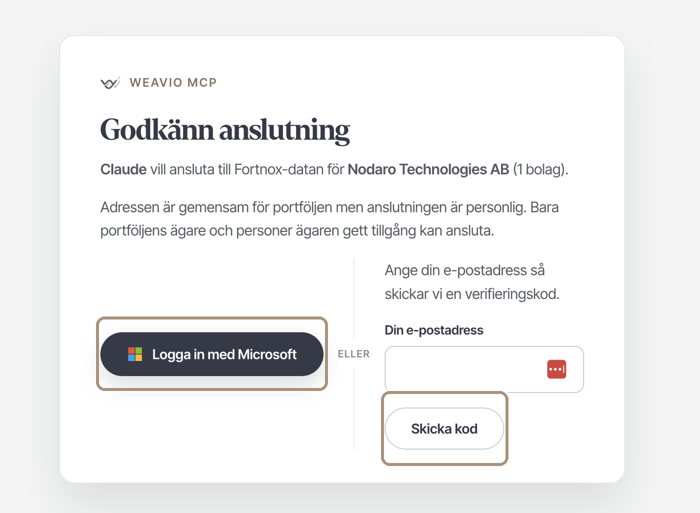 Weavios sida Godkänn anslutning där Claude vill ansluta till bokföringen
