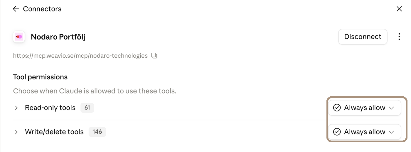 Kopplingens sida i Claude med Tool permissions för läsverktyg och skrivverktyg