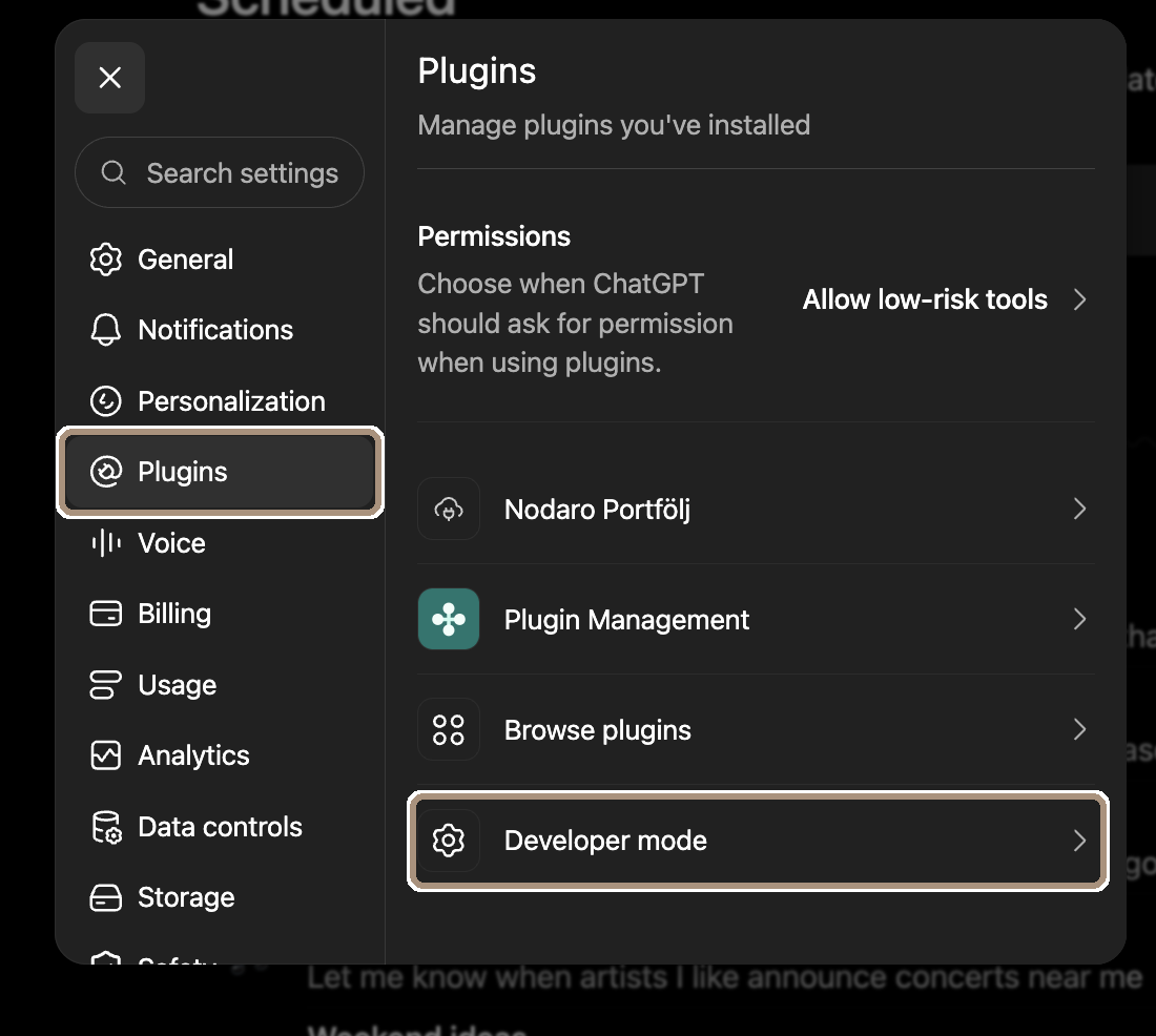 ChatGPT:s inställningar med Plugins valt och raden Developer mode markerad