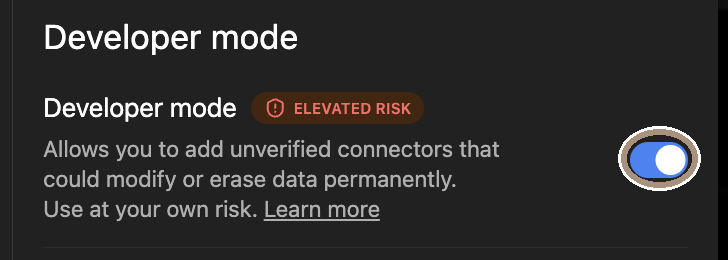 Reglaget Developer mode påslaget i ChatGPT