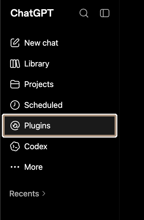 ChatGPT:s sidomeny med Plugins markerat
