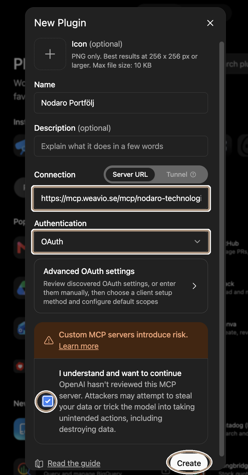 Formuläret New Plugin i ChatGPT med namn, Server URL, OAuth och rutan I understand ikryssad