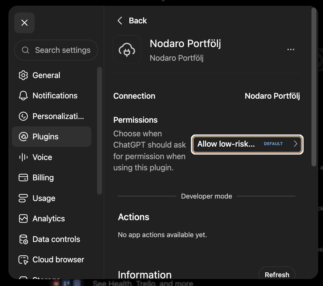 Kopplingens inställningar i ChatGPT med raden Permissions