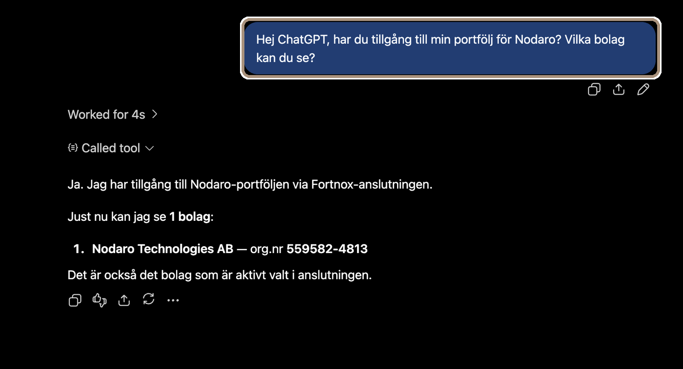 En chatt i ChatGPT där ChatGPT listar bolagen i portföljen