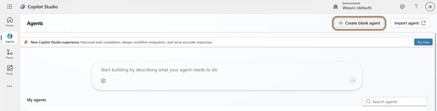 Sidan Agents i Copilot Studio med knappen Create blank agent uppe till höger