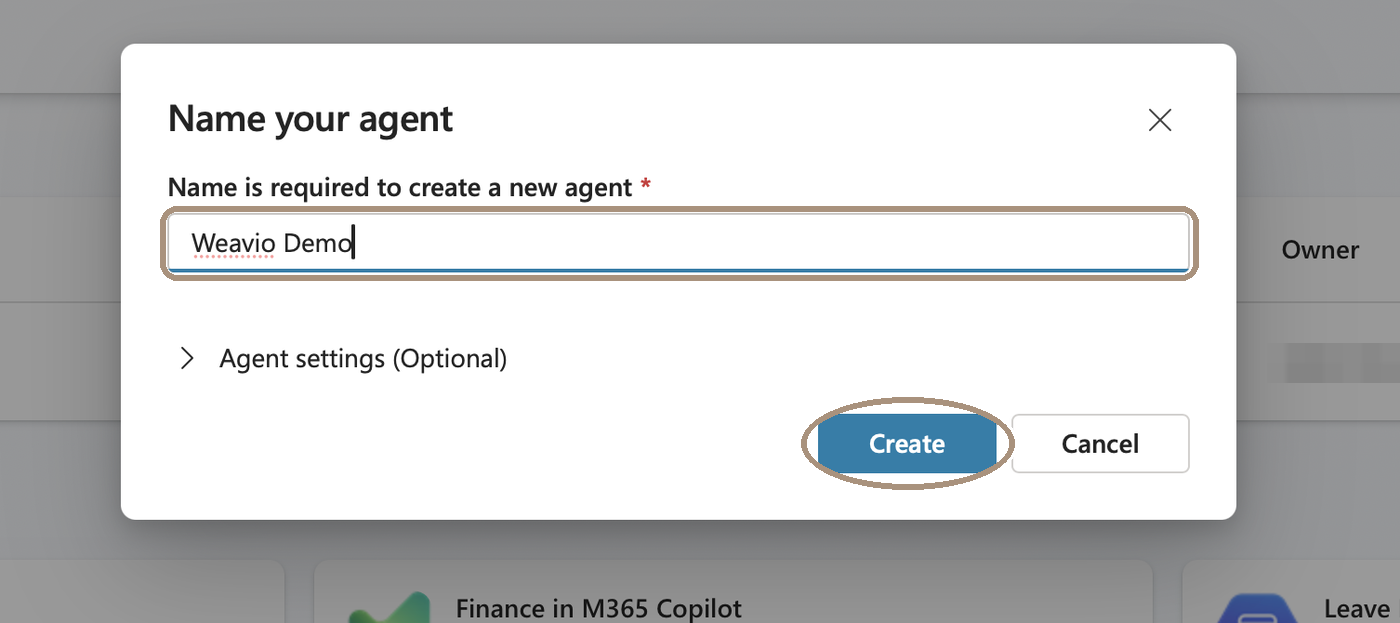 Dialogen Name your agent med namnfältet ifyllt och knappen Create
