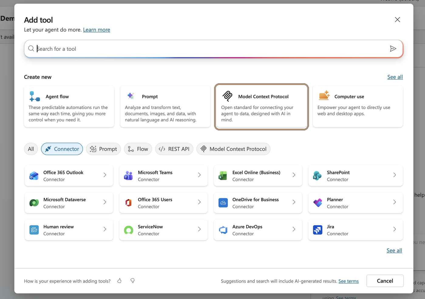 Dialogen Add tool med kortet Model Context Protocol under Create new
