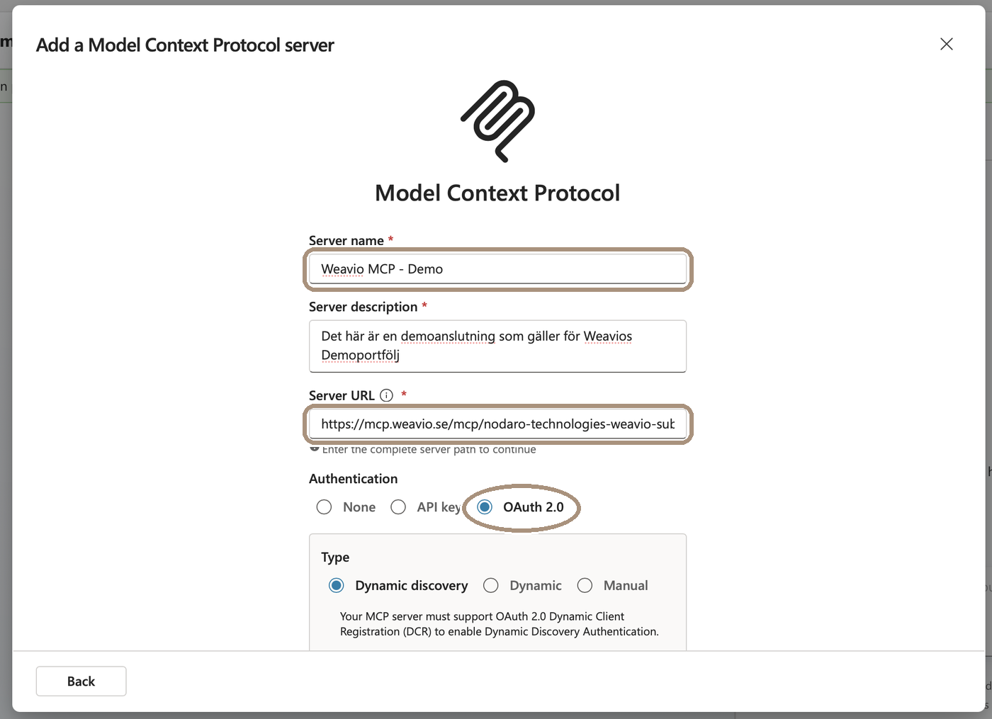 Formuläret Add a Model Context Protocol server med namn, beskrivning, Server URL och OAuth 2.0 valt
