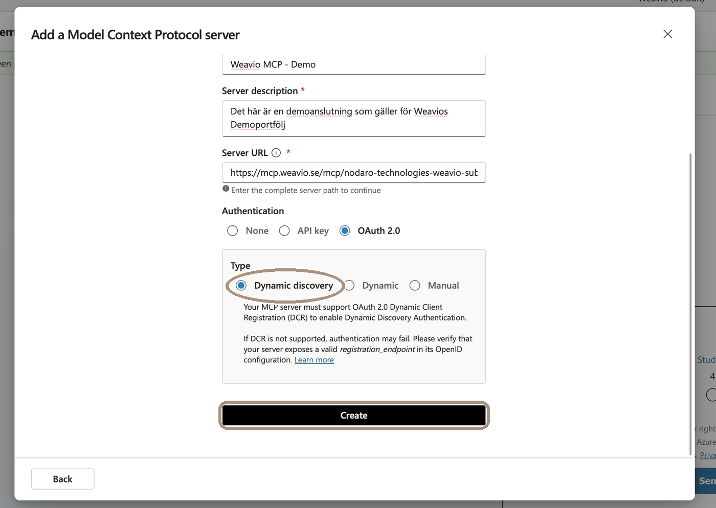 Typvalet Dynamic discovery markerat och knappen Create längst ned i formuläret