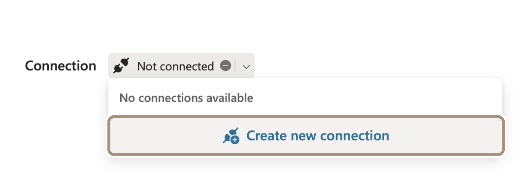 Listan vid Connection med valet Create new connection