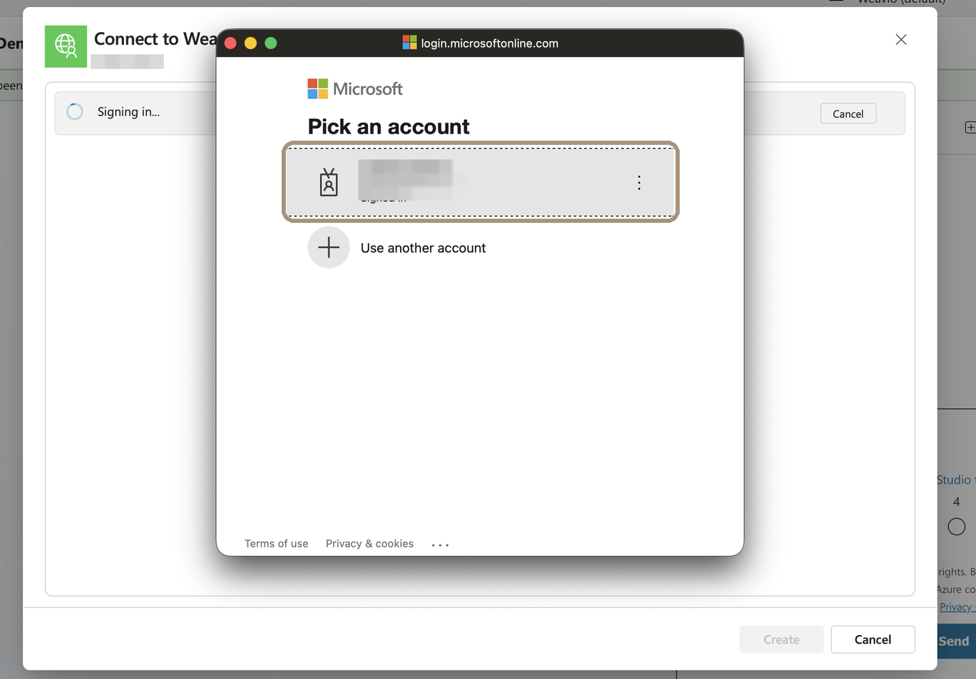 Microsofts ruta Pick an account med ett konto markerat