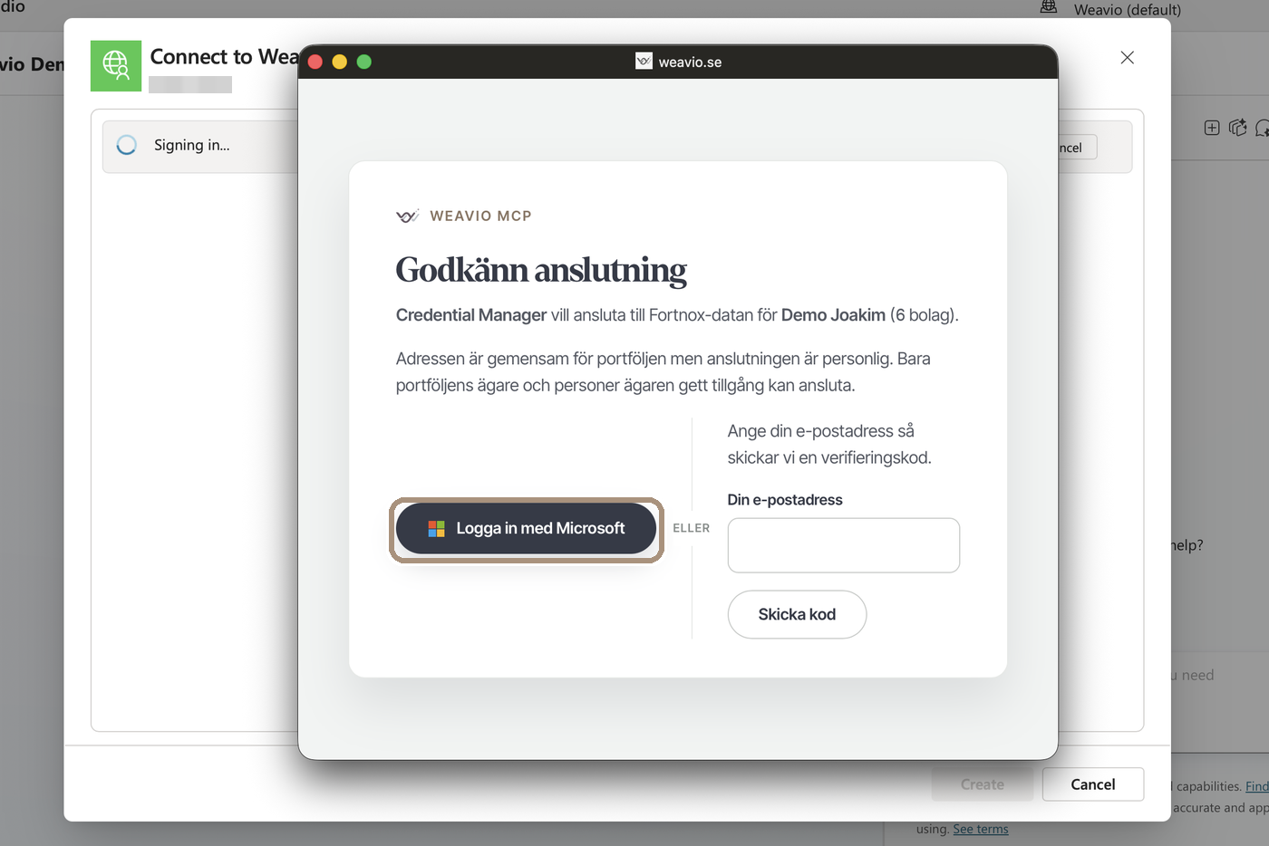 Weavios sida Godkänn anslutning med knappen Logga in med Microsoft