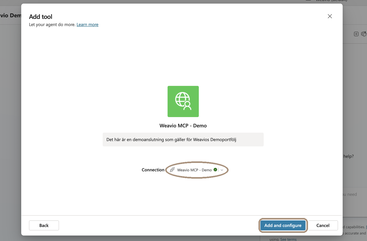 Dialogen Add tool med ansluten anslutning och knappen Add and configure