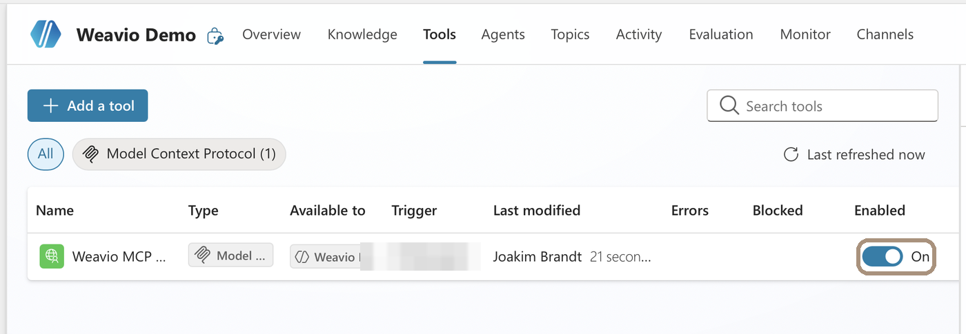 Fliken Tools med raden Weavio MCP och reglaget Enabled på On