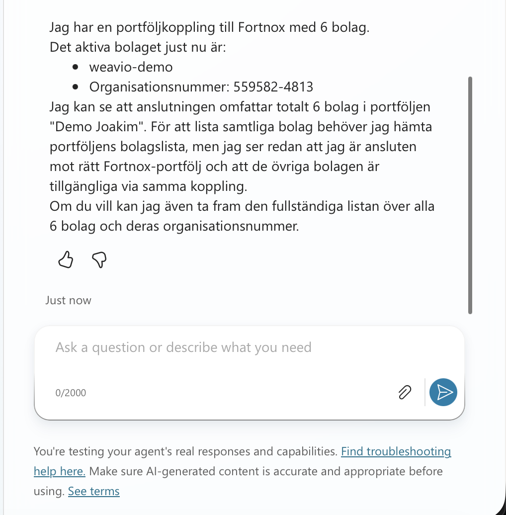 Testrutan i Copilot Studio där agenten svarar med portföljens bolag